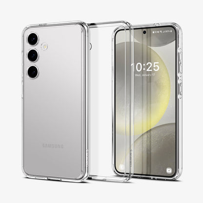 ACS07349 - Galaxy S24 Case Ultra Hybrid in Crystal Clear showing the back paralleled to a clear back case in the middle and a device facing front