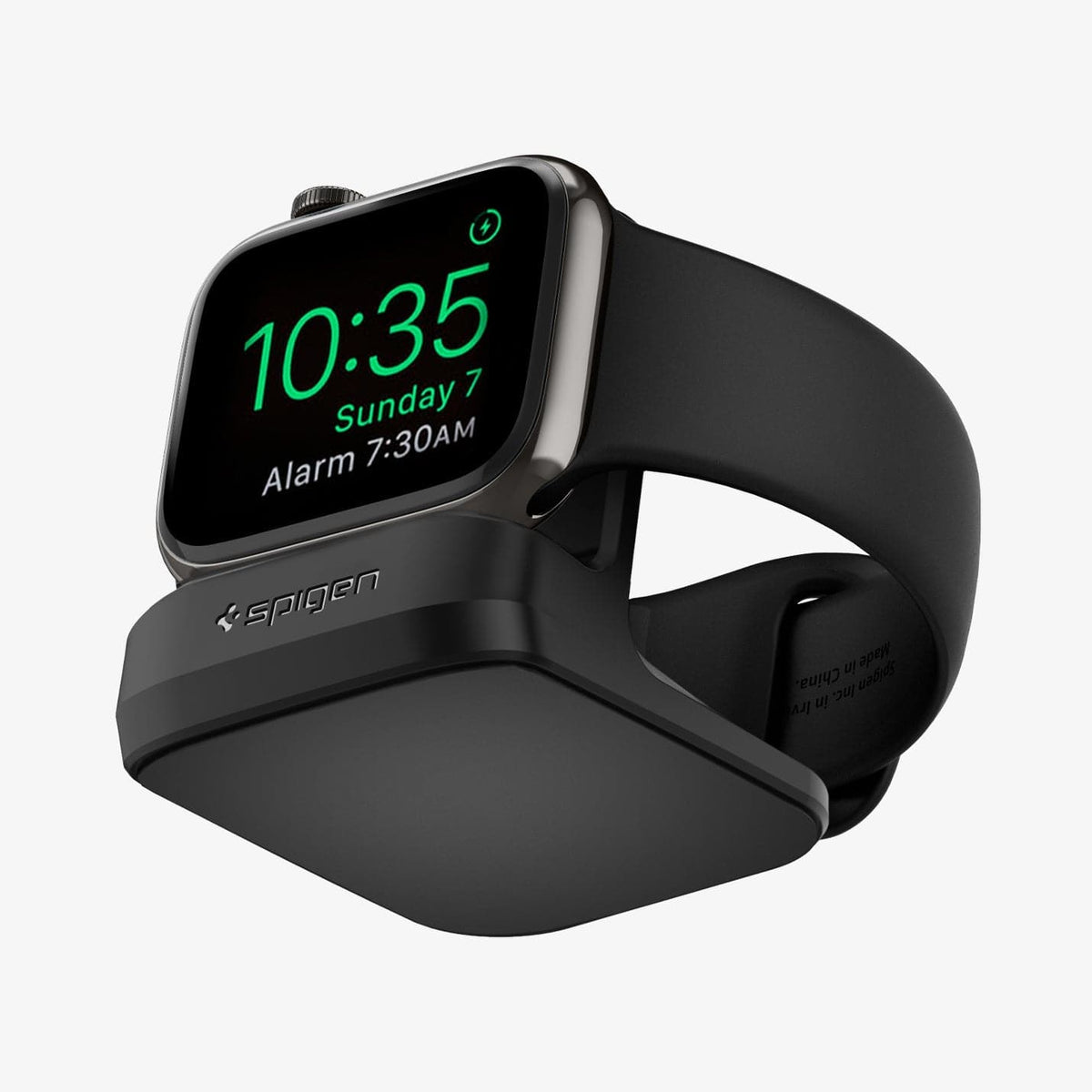 SGP11584 - Apple Watch Night Stand S350 in black showing the front and bottom with watch on stand