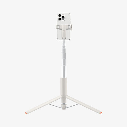 AMP09337 - Tripod Selfie Stick S541W in Dune Beige showing the back of the device in portrait form attached to the retracted tripod