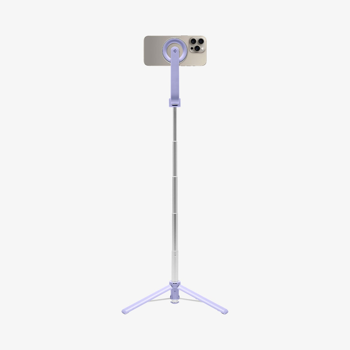 AMP07658 - Tripod Selfie Stick (Mag Fit) | S571W in Lavender showing the front of the device, attached to a selfie stick, extended with a stand