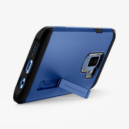593CS22937 - Galaxy S9 Plus Case Tough Armor in Coral Blue showing the back and bottom with device propped up by built in kickstand