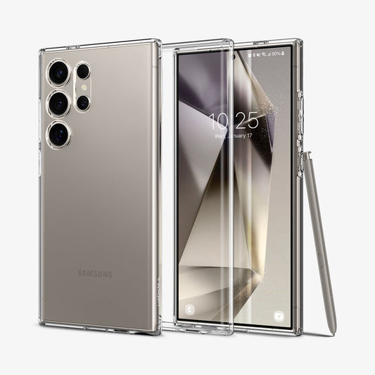 ACS07283 - Galaxy S24 Ultra Case Liquid Crystal in Crystal Clear showing the back, in between, is a clear tpu back case and a device facing front with stylus pen leaning on the side of a device