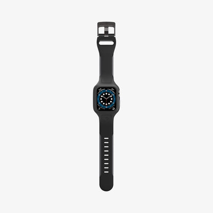 AMP02007 - Apple Watch Series (44mm) Case Liquid Air Pro in black showing the front with watch band laid out flat