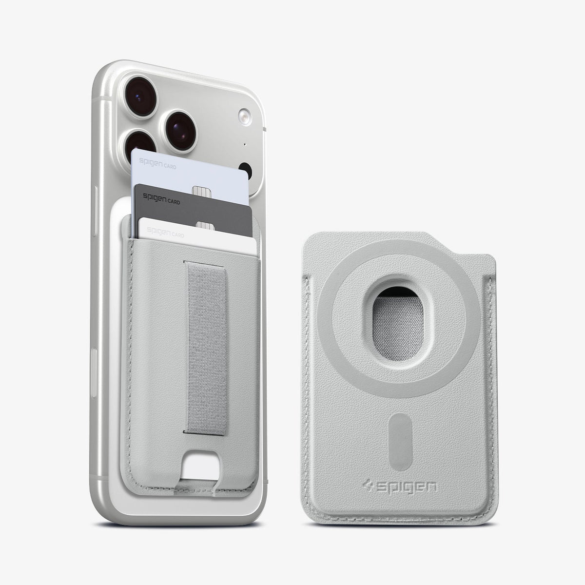 AFA10803 - MagSafe SleekBand Card Holder | 3 Cards (MagFit) in Urban Gray showing back and attach on the phone