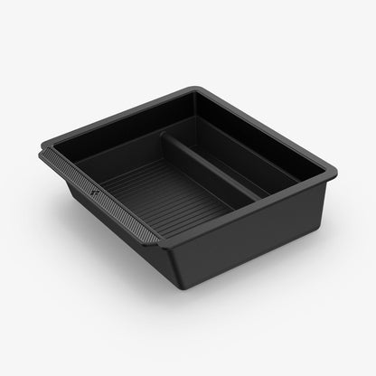 ACP07785 - Tesla Model 3 Highland Center Console Organizer Tray TO220SH in Black showing the partial inner and sides of the organizer tray