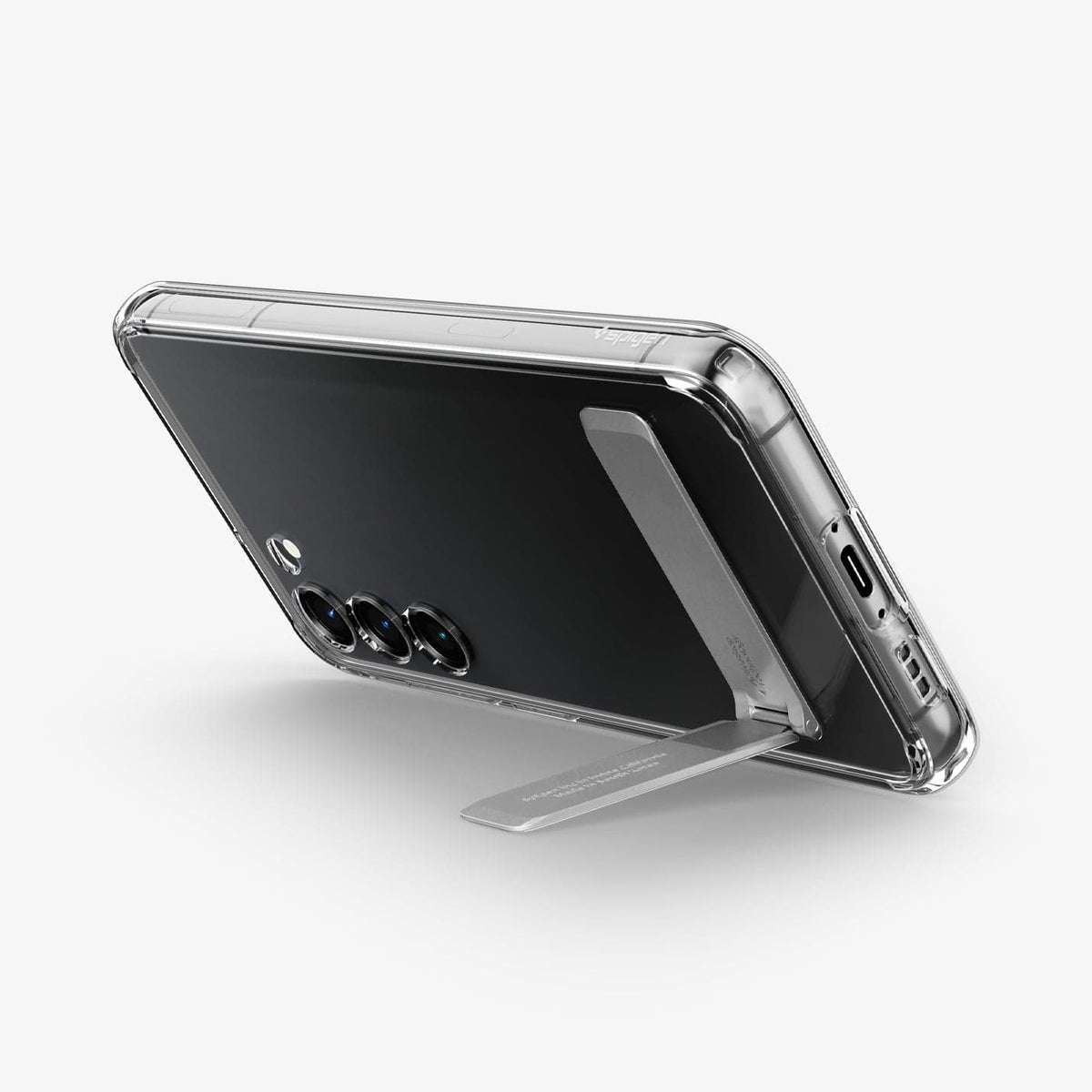 ACS05717 - Galaxy S23 Case Ultra Hybrid S in crystal clear showing the back and bottom with device propped up by built in kickstand