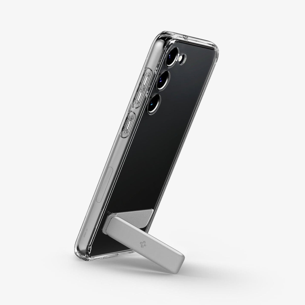 ACS05717 - Galaxy S23 Case Ultra Hybrid S in crystal clear showing the back and side with device propped up by built in kickstand