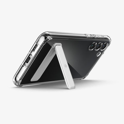ACS05717 - Galaxy S23 Case Ultra Hybrid S in crystal clear showing the back and bottom with device propped up by built in kickstand