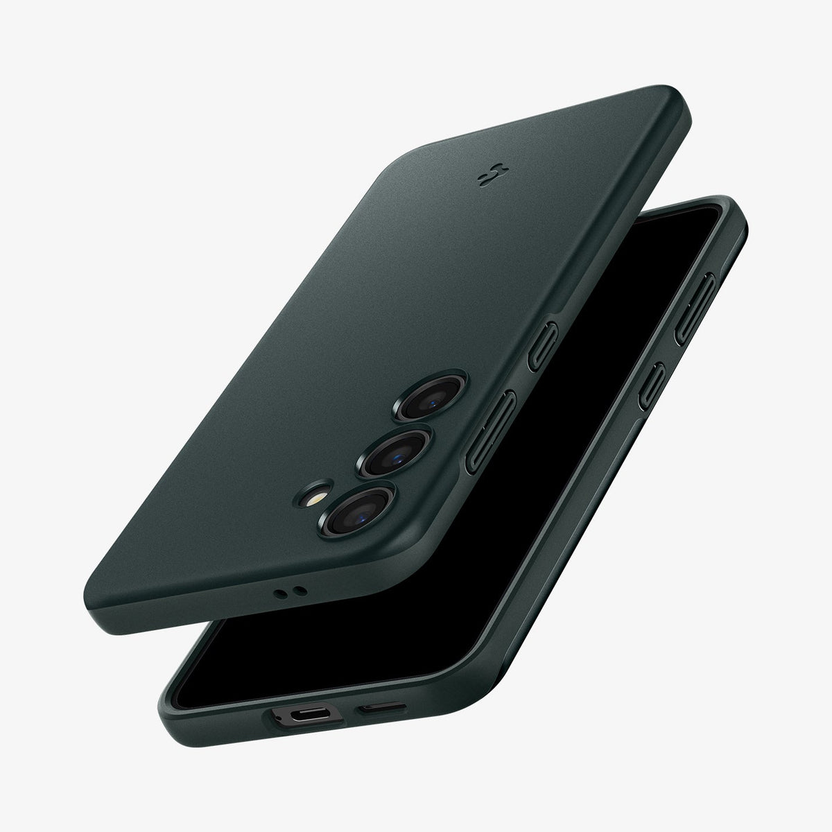ACS07342 - Galaxy S24 Case Thin Fit in Abyss Green showing the back, partial side and bottom in upside down position, paralleled with another device showing partial front, side and bottom