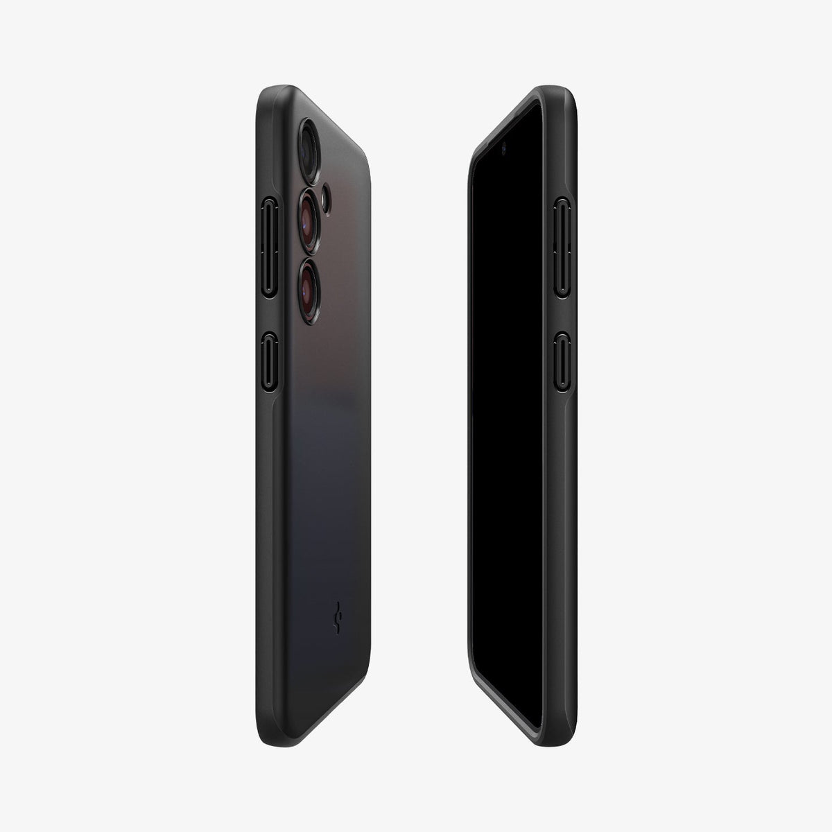 ACS07341 - Galaxy S24 Case Thin Fit in Black showing the sides of both devices facing each other, showing partial back and the other, partial front
