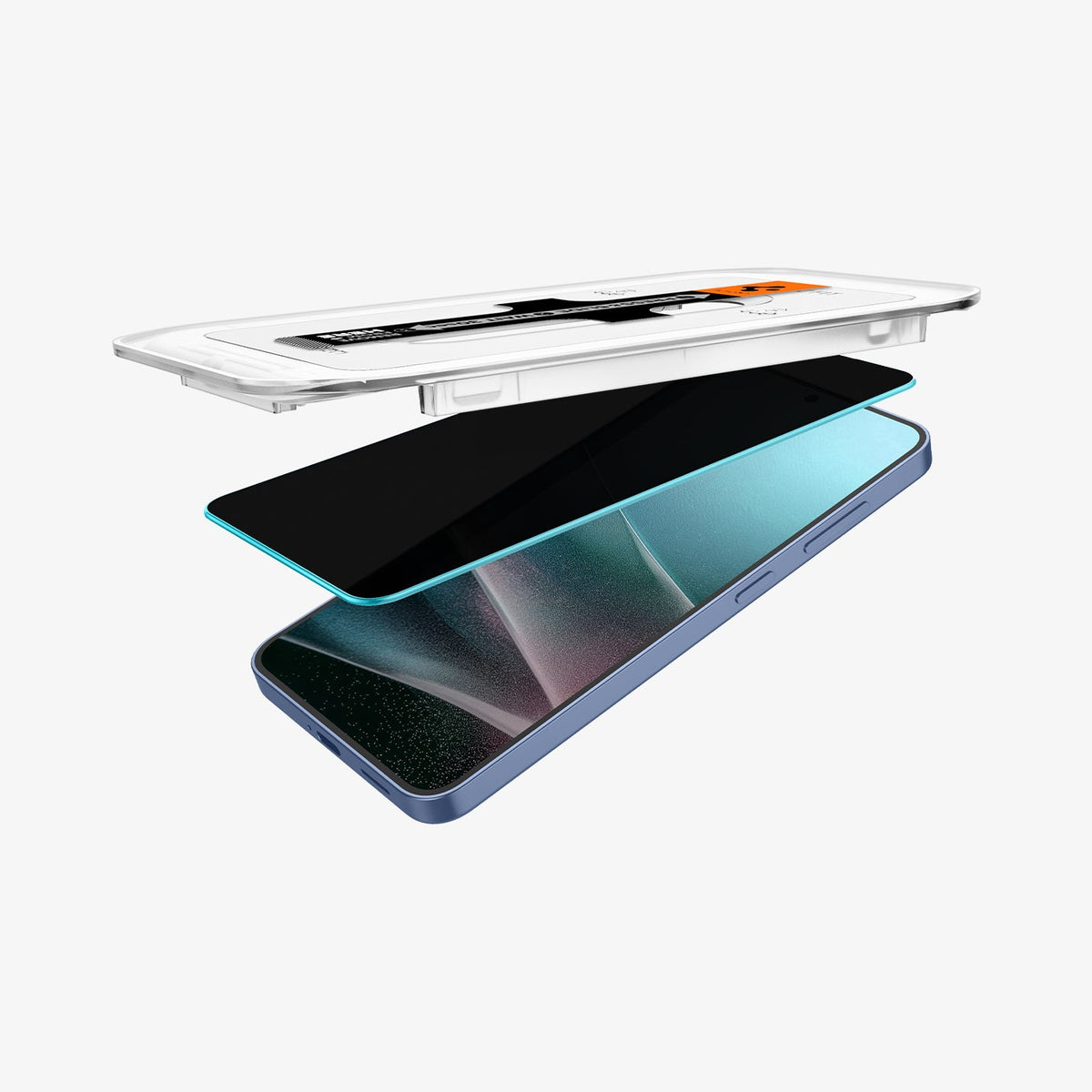 AGL07627 - Galaxy S25 GLAS.tR EZ Fit in Privacy showing the partial front of alignment tray, partially hovering above the screen protector and the device