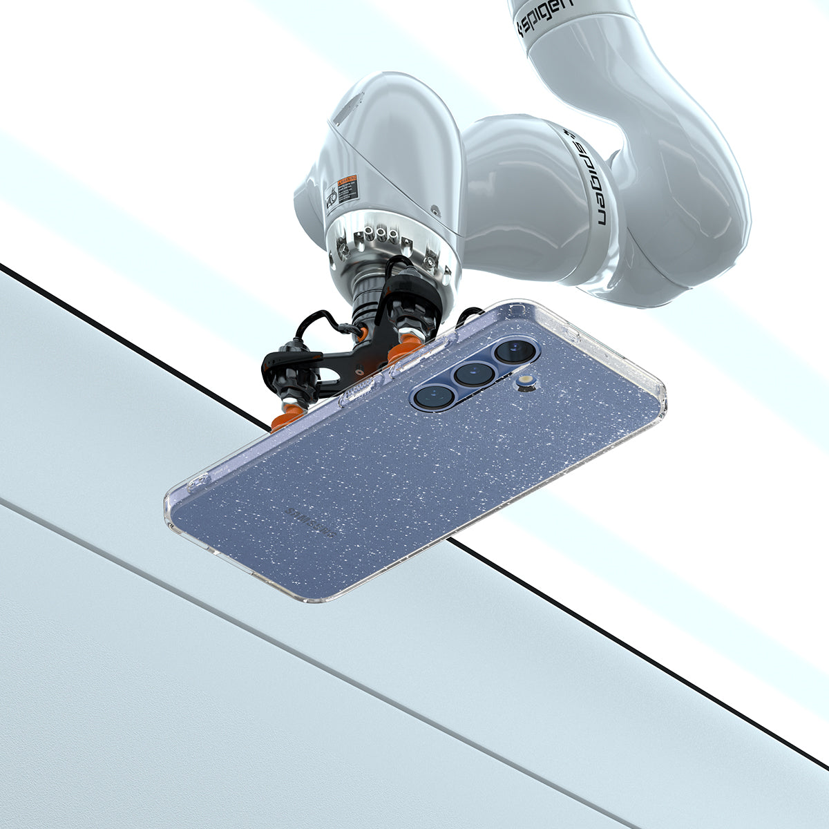 ACS08997 - Galaxy S25 Case in Crystal Quartz showing the back, partial side and top with a robot sitting on top of the case
