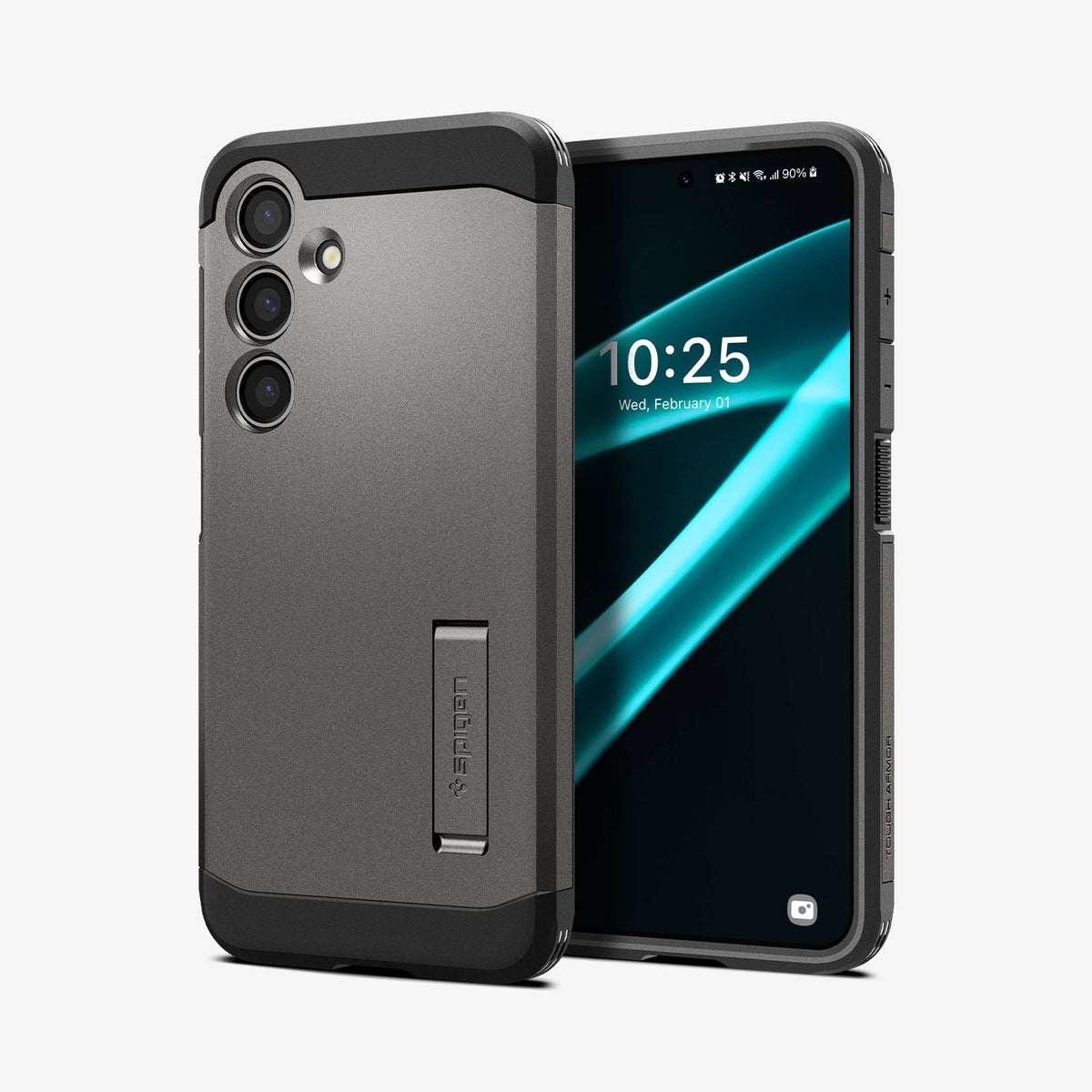 ACS07333 - Galaxy S24 Plus Case Tough Armor in Gunmetal showing the back, partial side, next to it, a device showing front and partial side