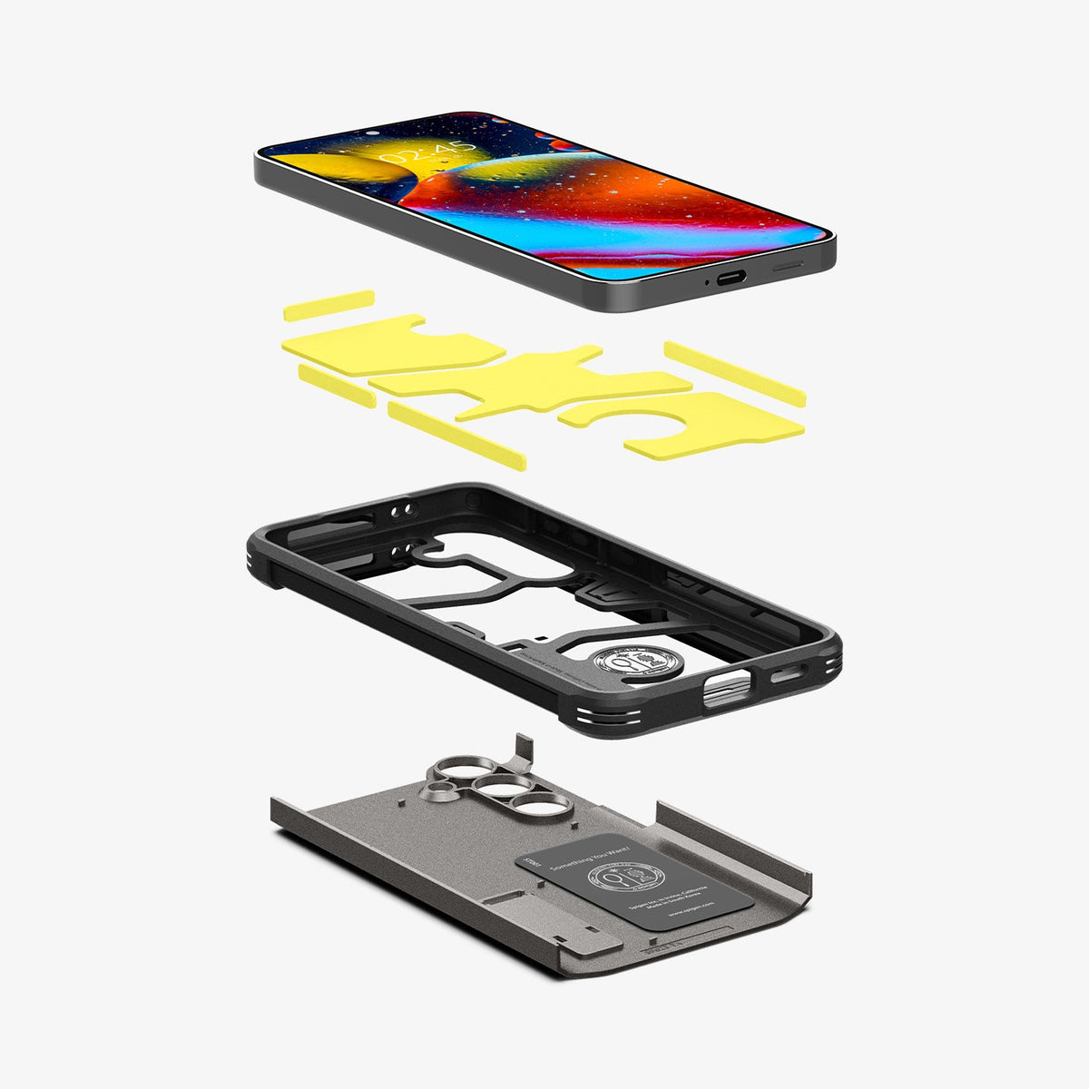 ACS07333 - Galaxy S24 Plus Case Tough Armor in Gunmetal showing the front of device hovering above the impact foam detached from frame and hard layer of the case