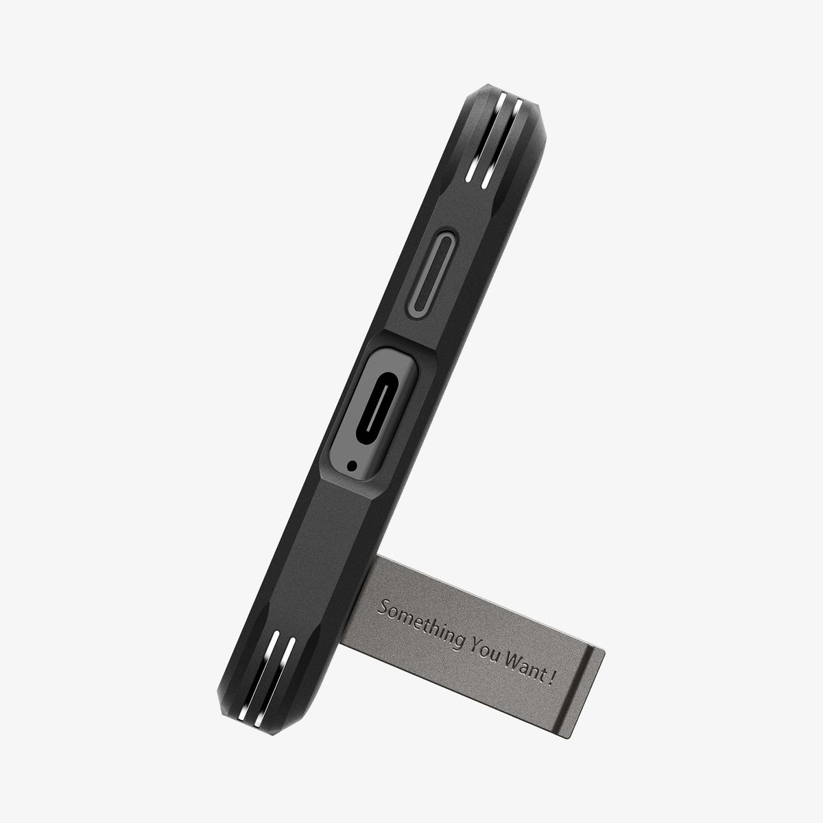 ACS07333 - Galaxy S24 Plus Case Tough Armor in Gunmetal showing the bottom with a built-in kickstand propped up