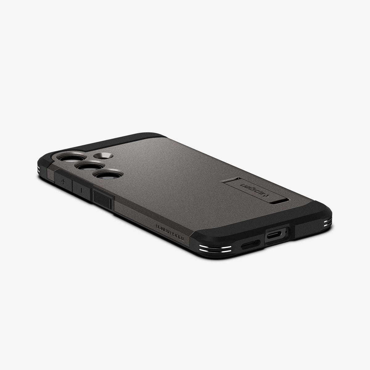 ACS07333 - Galaxy S24 Plus Case Tough Armor in Gunmetal showing the back, partial side and bottom on a flat surface
