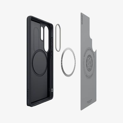ACS09057 - Galaxy S25 Ultra Case Nano Pop (MagFit) in Black Sesame showing the inner soft layer hovering in front of the detached magring and the back cover of the case