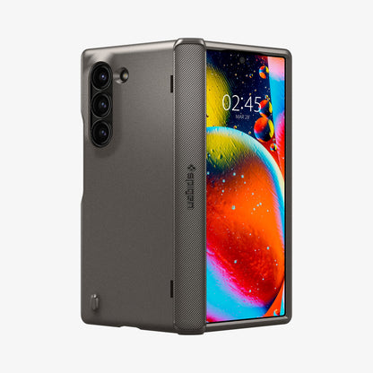 ACS07821 - Galaxy Z Fold 6 Case Slim Armor Pro in Gunmetal showing the back, hinge and front, partially folded