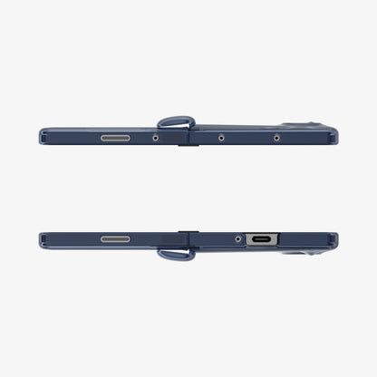 ACS08281 - Galaxy Z Flip 6 Case Ultra Hybrid Pro in Frost Navy Blue showing the top and bottom of 2 devices fully open facing each other