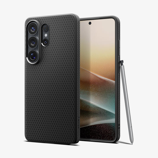 ACS11024 - Galaxy S26 Ultra Liquid Air (Mag Fit) in Matte Black showing the back with the device, partial back case only, partial front and sides