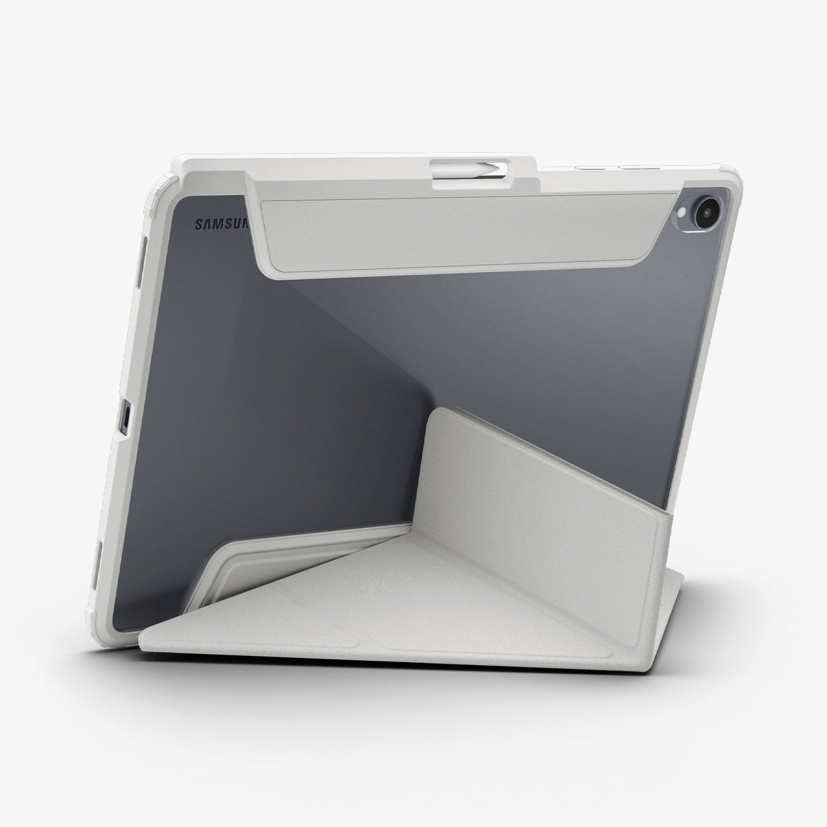 ACS11824 - Galaxy Tab S12+ Air Skin Pro in Gray showing the back of a tablet case with the folding cover configured into a low stand position.