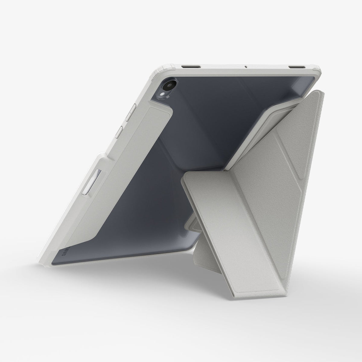 ACS11824 - Galaxy Tab S12+ Air Skin Pro in Gray showing the back of a tablet case with the geometric cover folded into an angled stand position.