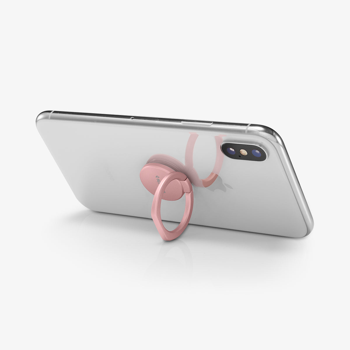 000SR24436 - Style Ring 360 in rose gold showing the phone propped up by ring attached to back of device