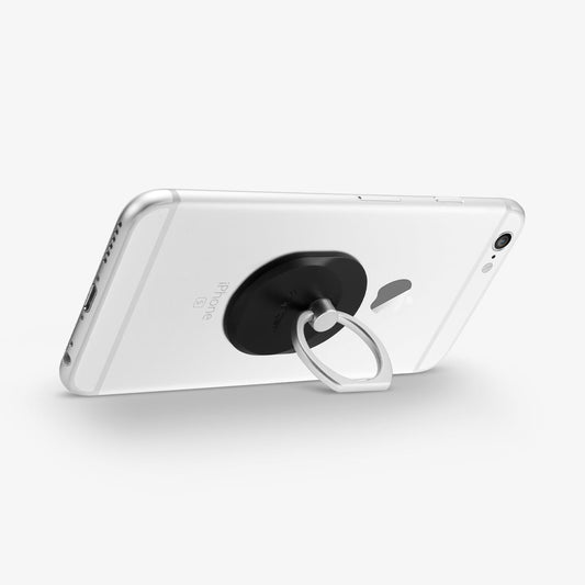 SGP11845 - Style Ring in black showing attached to back of device and propping phone up horizontally