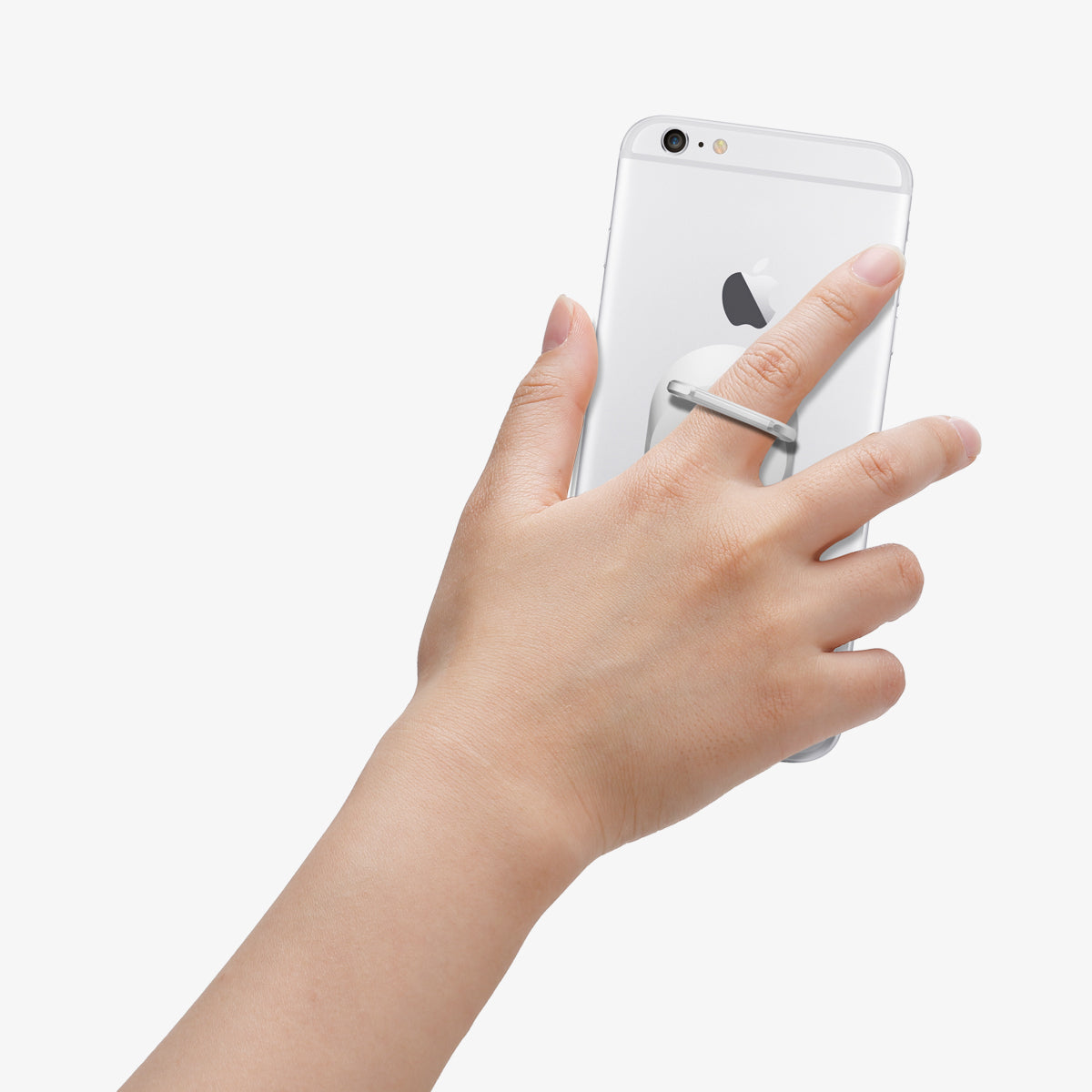 SGP11760 - Style Ring in white showing the phone in someone's hand with ring attached to back of device