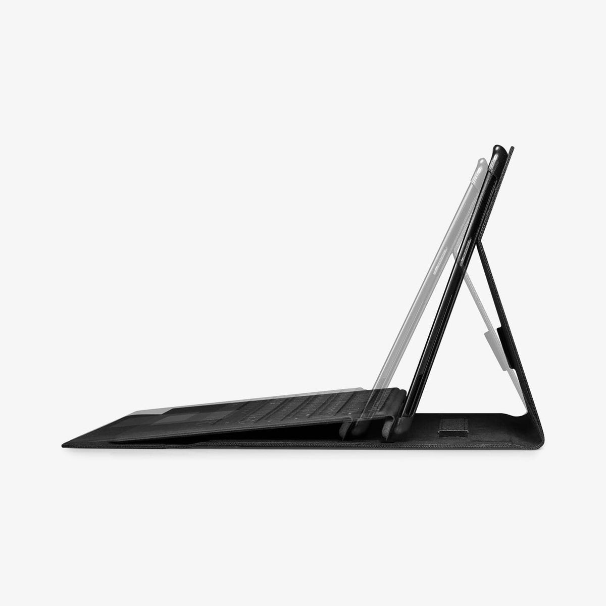 ACS01002 - Microsoft Surface Pro X Case Stand Folio in black showing the side with device propped up by built in stand