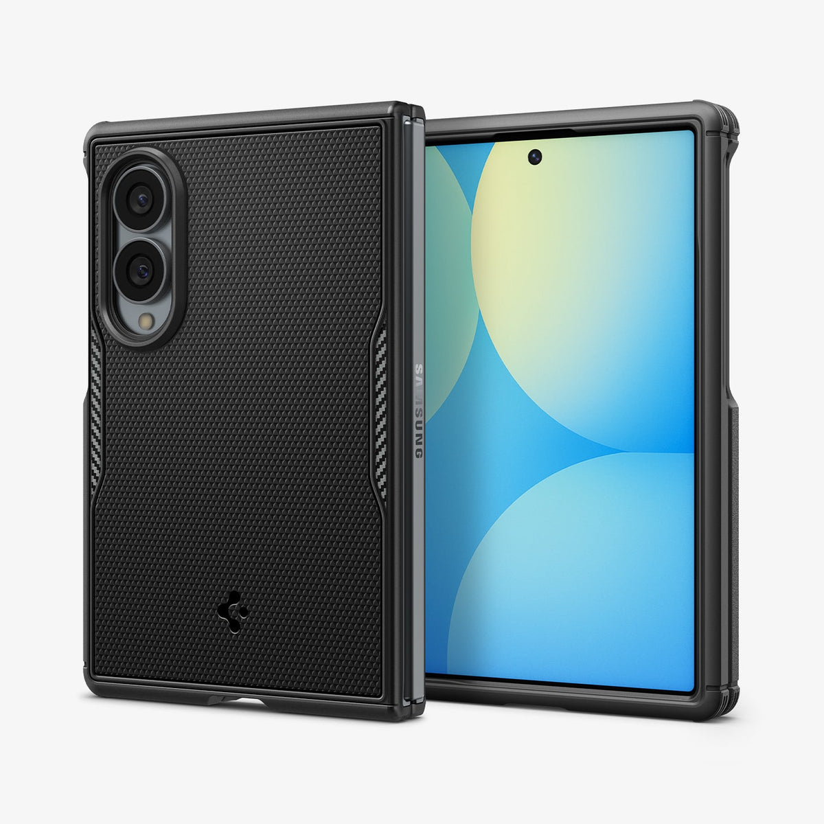 ACS11799 - Galaxy Z Fold 8 Core Armor (Mag Fit) Matte Black showing an angled front and back view of the Galaxy Z Fold 8 with the Core Armor MagFit case, "SAMSUNG" text visible on the hinge bar and screen displaying a blue and yellow gradient.