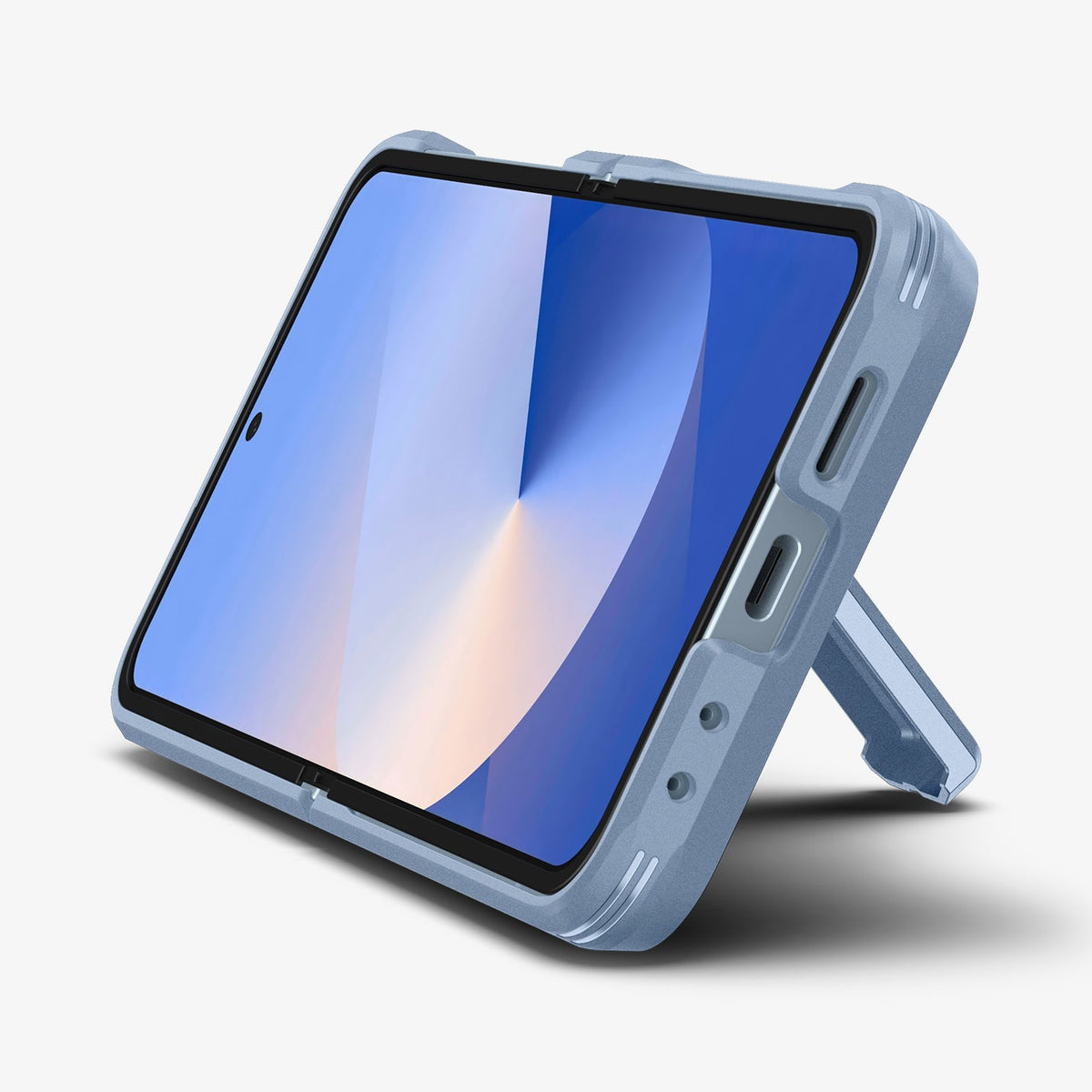 ACS09808 - Galaxy Z Flip 6 Series Tough Armor Pro (MagFit) in Sierra Blue showing the front and bottom with devices propped up by built in kickstand
