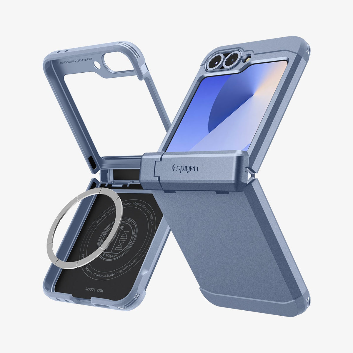 ACS09808 - Galaxy Z Flip 6 Series Tough Armor Pro (MagFit) in Sierra Blue showing the back, side and inside of two devices