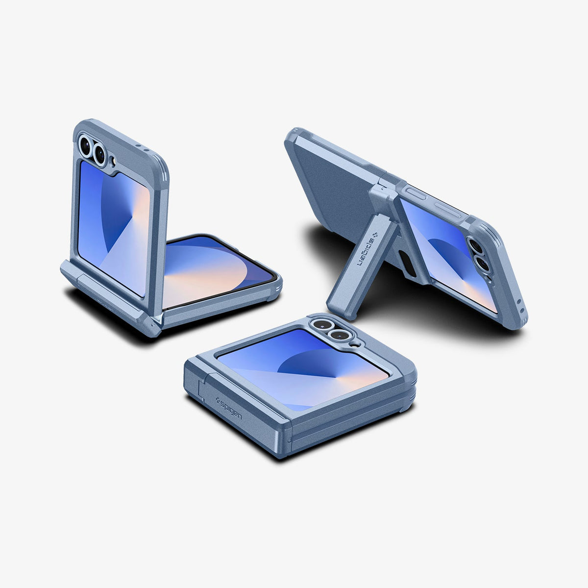 ACS09808 - Galaxy Z Flip 6 Series Tough Armor Pro (MagFit) in Sierra Blue showing the back half folded, back folded, front full open and partial sides of 3 devices