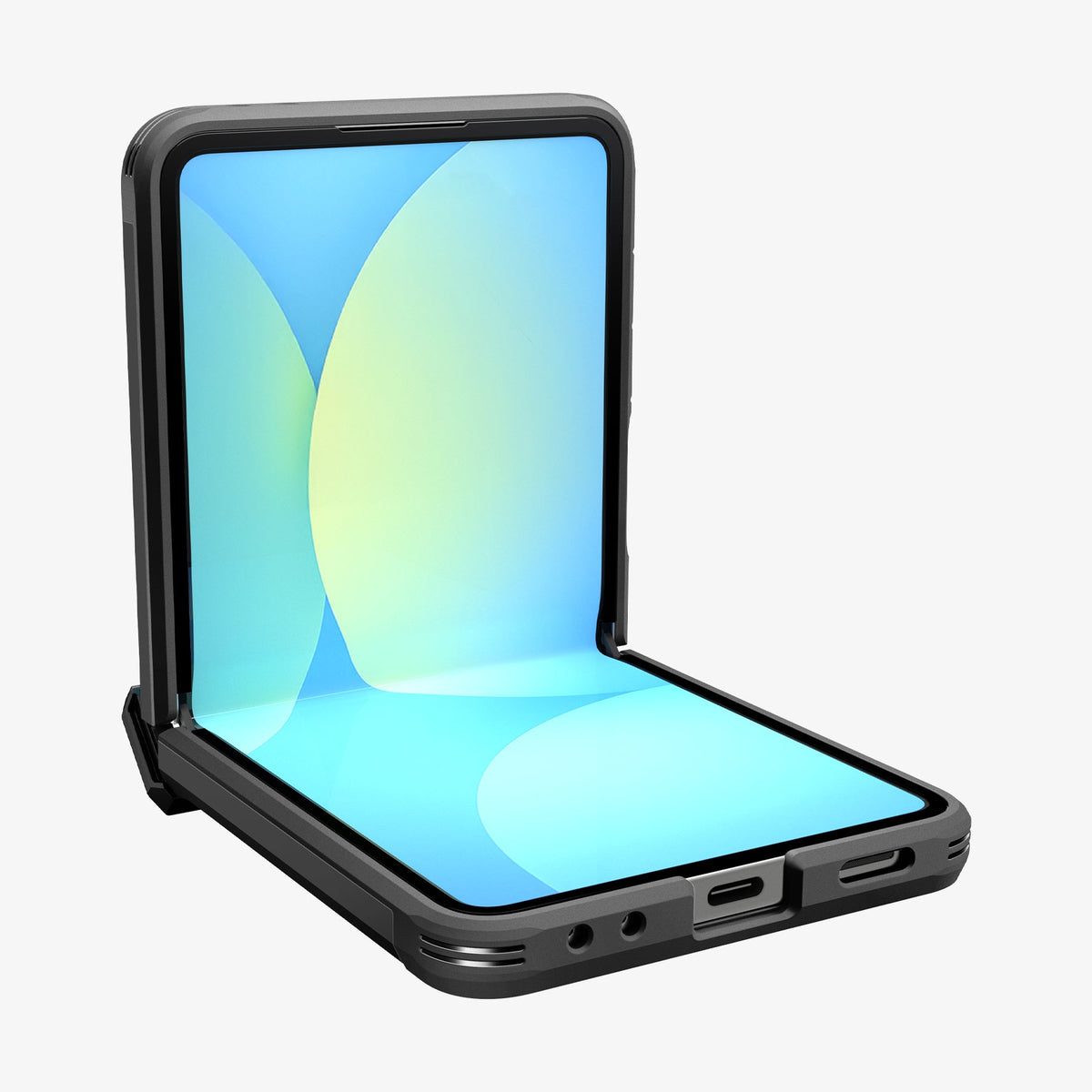 ACS09561 - Galaxy Z Flip 7 Case Tough Armor Pro (MagFit) in black showing the front, side and bottom with device half open