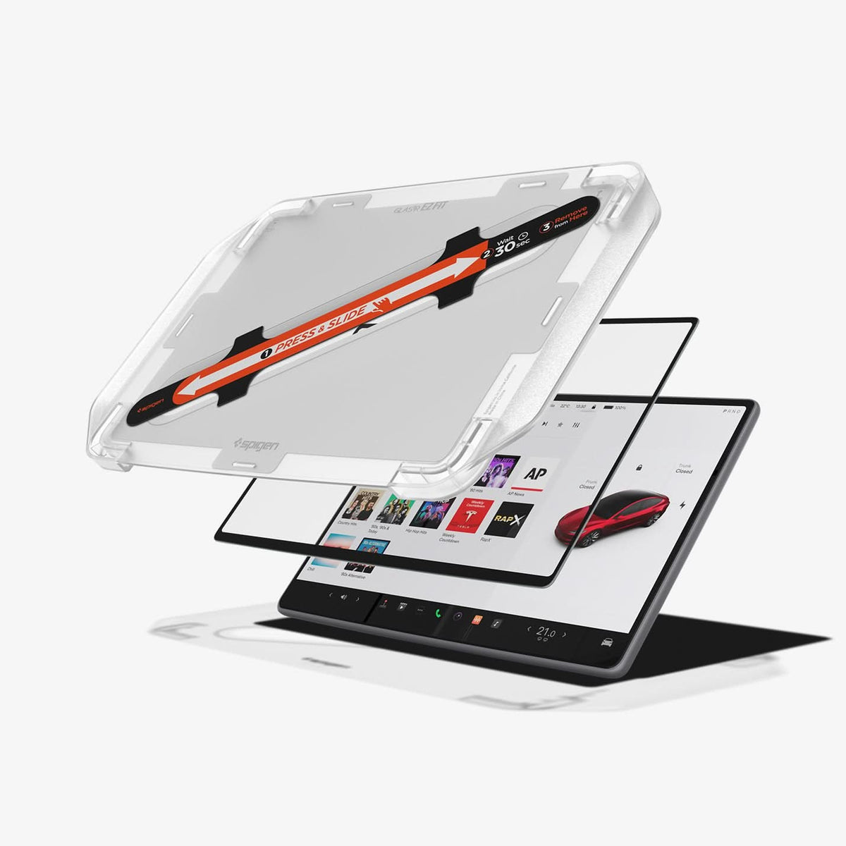 AGL07152 - Model 3 (2024-2025) Highland Screen Protector GLAS.tR EZ Fit | Anti-Glare Highland in Clear Matte showing the front installation tray, hovering above the screen protector and the device