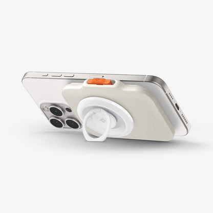 AFA07616 - MagSafe Card Holder Tintap (MagFit) in Dune Beige showing the back, partial side with propped up kickstand from the magring attached from the back of the card holder