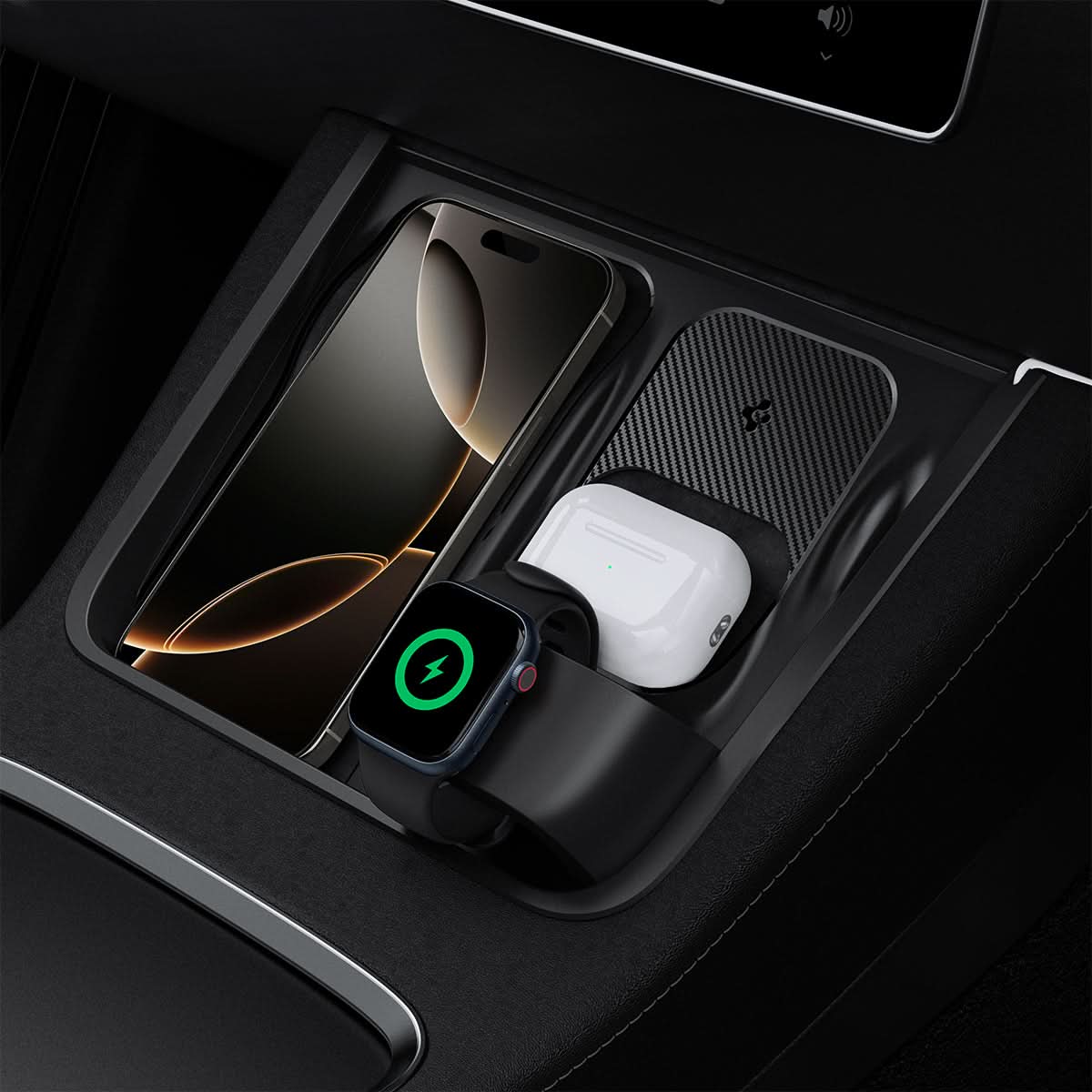 ACP09019 - 3 in 1 Charging Organizer | TO272 Model 3 (2021 - 2023) showing phone and apple watch and airpods charging
