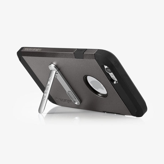000EM20634 - U100 Universal Kickstand (Metal) in silver showing the phone propped up by kickstand attached to back of device