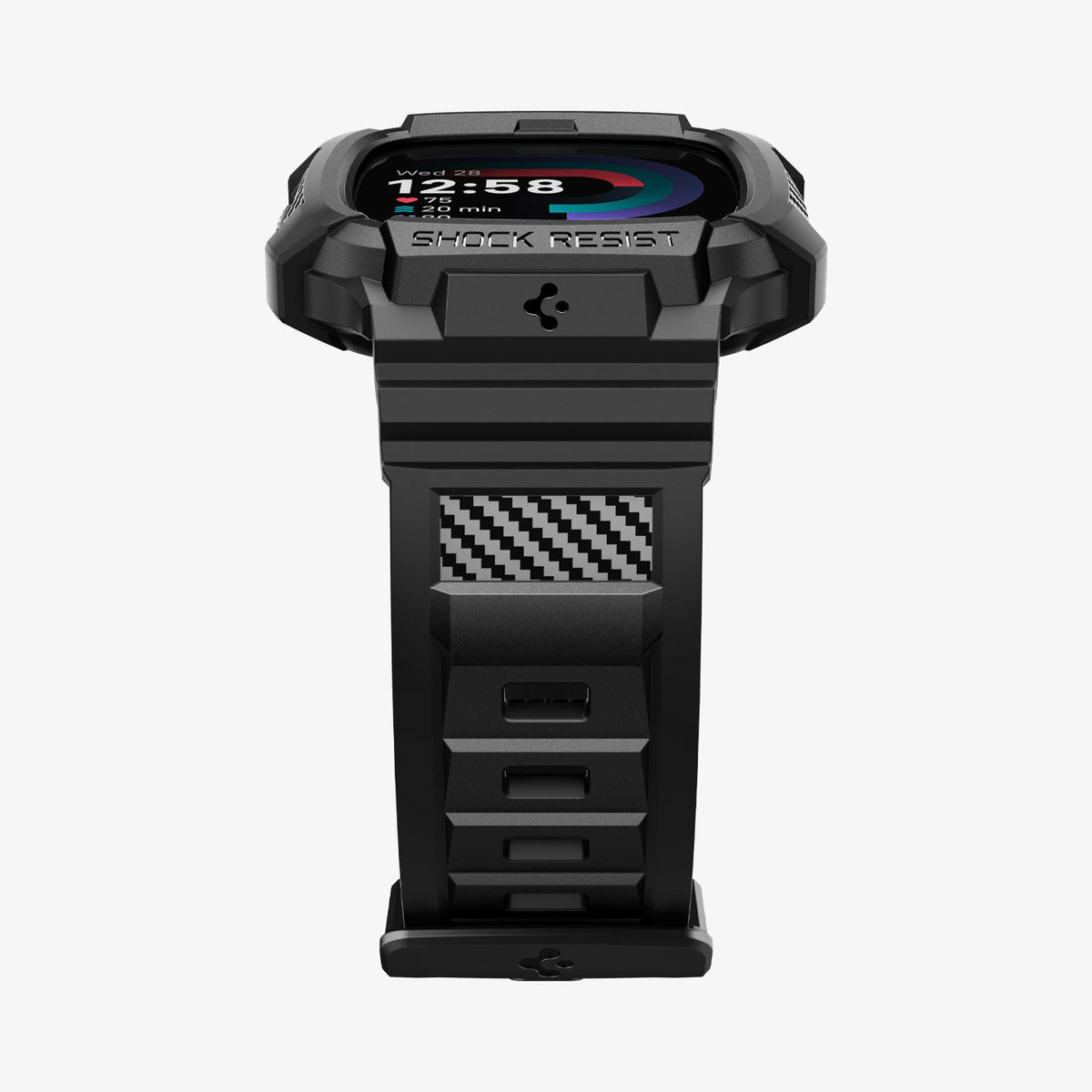 ACS05296 - Fitbit Versa 4 Band Rugged Armor Pro in black showing the bottom and partial front
