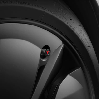 ACP11370 - Universal Tire Valve Stem Cap | VS100TS/R in silver installed on a wheel, highlighting the hexagonal cap with a red Tesla logo detail.