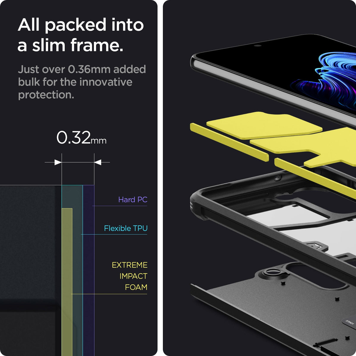 ACS03059 - Galaxy S21 FE Tough Armor Case in black all packed into a slim frame. Just over 0.36mm added bulk for the innovative protection.