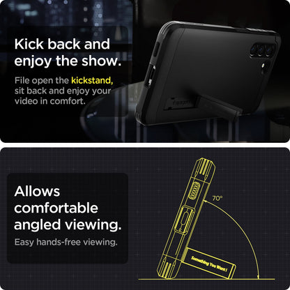 ACS03059 - Galaxy S21 FE Tough Armor Case in black kick back and enjoy the show. File open the kickstand, sit back and enjoy your video in comfort. allows comfortable angled viewing. Easy hands free viewing.