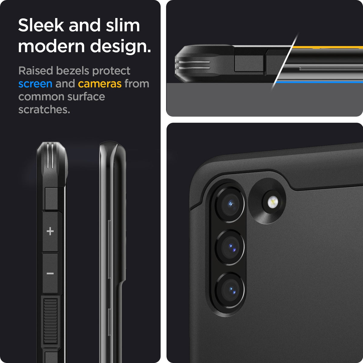 ACS03059 - Galaxy S21 FE Tough Armor Case in black sleek and slim modern design. Raised bezels protect screen and cameras from common surface scratches.