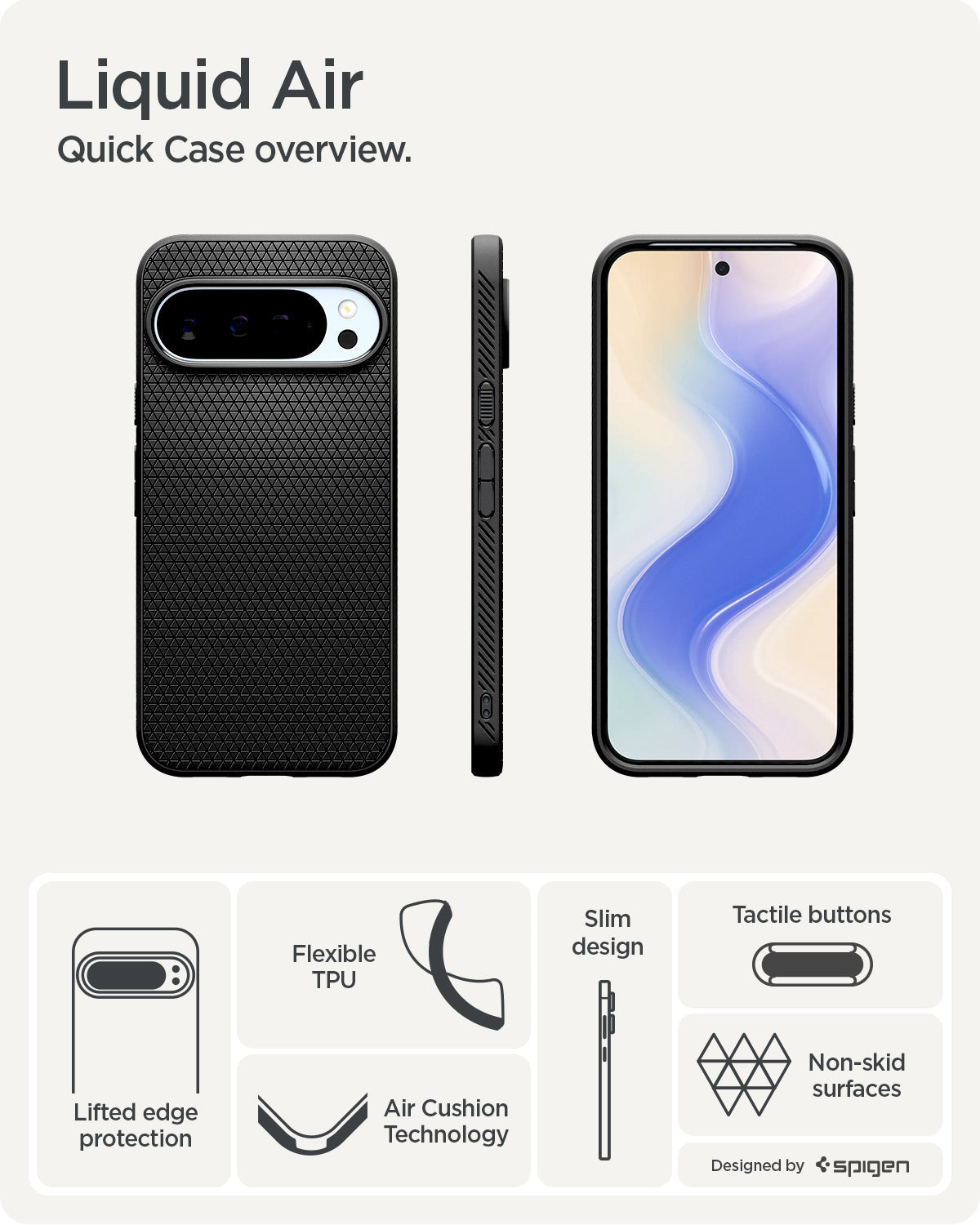 ACS09737 - Pixel 10 Pro XL Case Liquid Air in matte black showing the quick case overview. Lifted edge protection, flexible TPU, AirCushion Technology, slim design and tactile buttons.