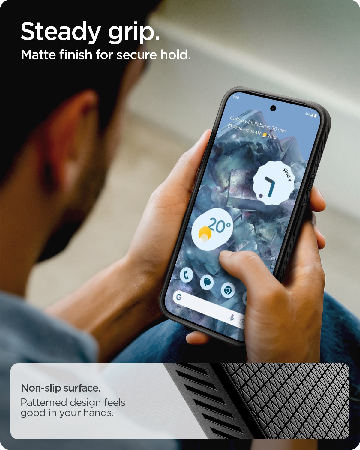 ACS09737 - Pixel 10 Pro XL Case Liquid Air in matte black showing the steady grip. Matte finish for secure hold. Non-slip surface. Patterned design feels good in your hands