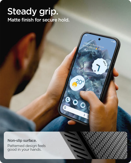 ACS09737 - Pixel 10 Pro XL Case Liquid Air in matte black showing the steady grip. Matte finish for secure hold. Non-slip surface. Patterned design feels good in your hands