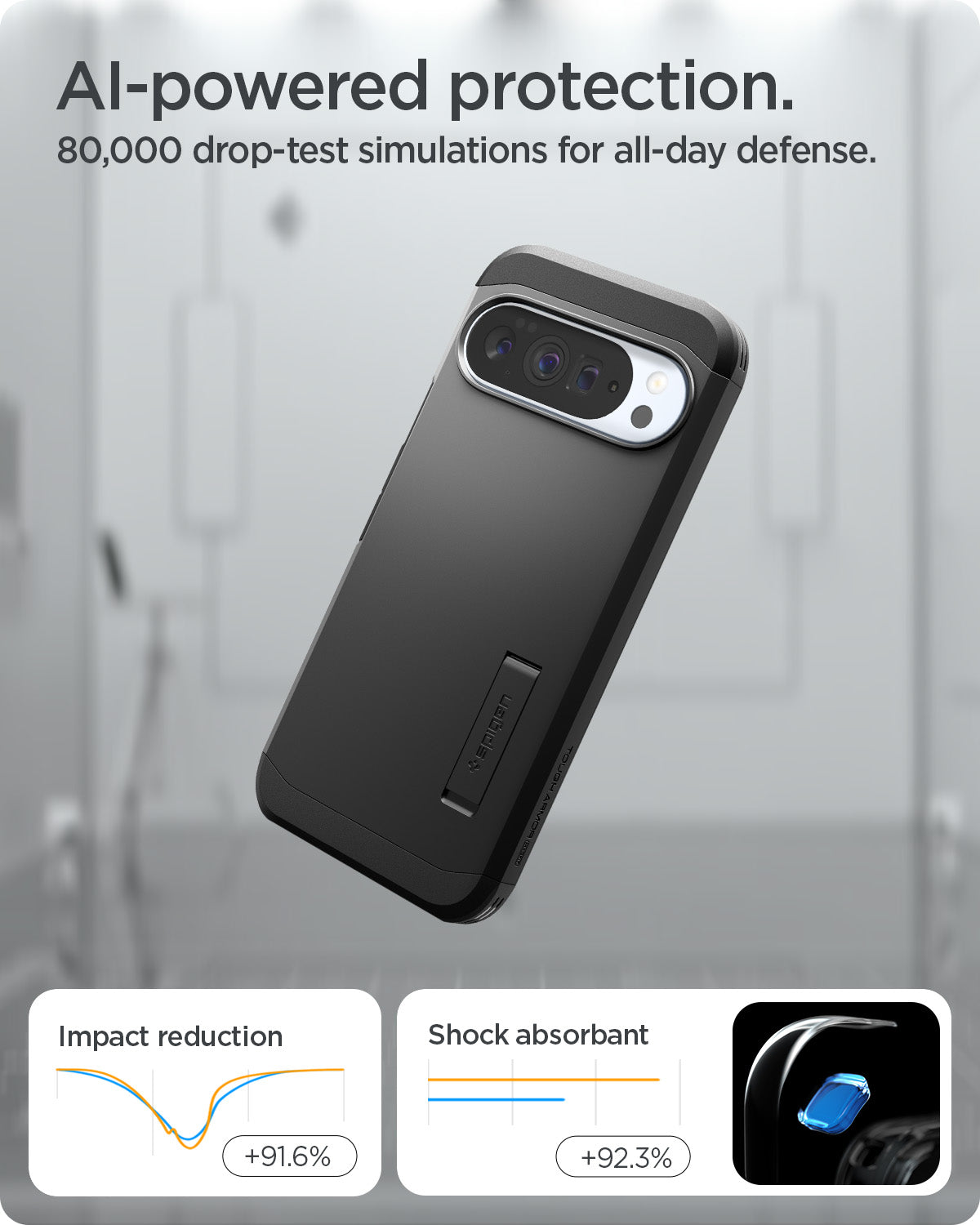 ACS09728 - Pixel 10 Pro XL Tough Armor AI (MagFit) in black showing ai powered protection. 80,000 drop test simulations for all day defense.