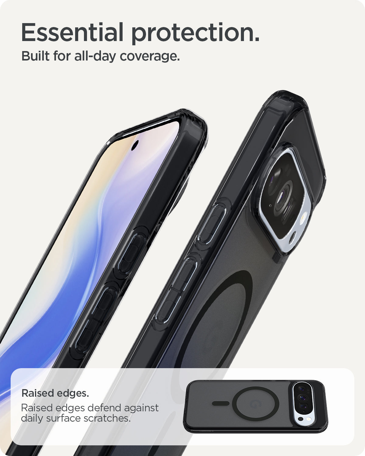 ACS09726 - Pixel 10 Pro XL Case Ultra Hybrid Metal Ring (MagFit) in frost black showing the essential protection. Built for all day coverage. Raised edges to defend against daily surface scratches.