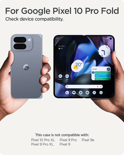 ACS09741 - Pixel 10 Pro Fold Case Slim Armor Pro (MagFit) in black showing the compatibility. Only compatible with Pixel 10 Pro Fold. Not compatible with Pixel 10 Pro XL, Pixel 9 / 9 Pro / 9 Pro XL / 9a.